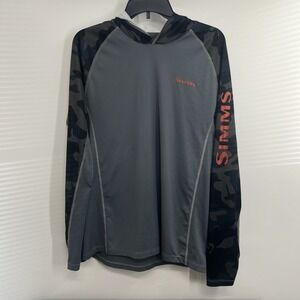 Simms SolarVent Hoodie Mens Med Gray Camo Long Sleeve Fishing Shirt UPF 50 Sun